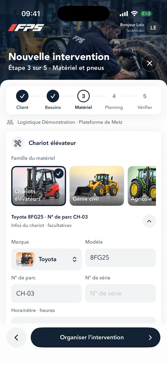 MyFPS, nouvelle intervention : choix de la famille de matériel et des pneus.