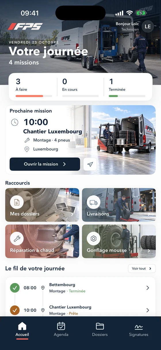 MyFPS, accueil du technicien : la journée, la prochaine mission et les raccourcis (données de démonstration).