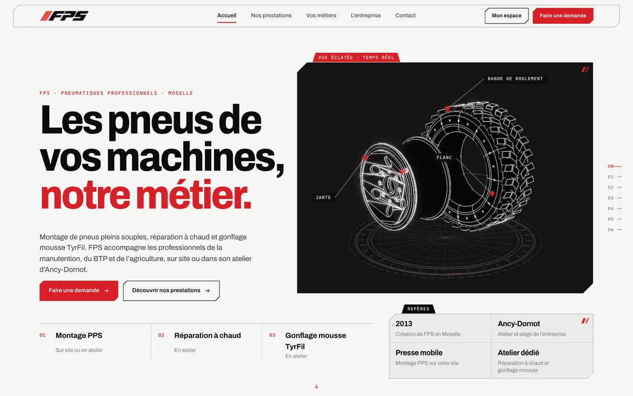 Le nouveau site FPS : accueil avec la vue éclatée d’une roue en 3D temps réel.