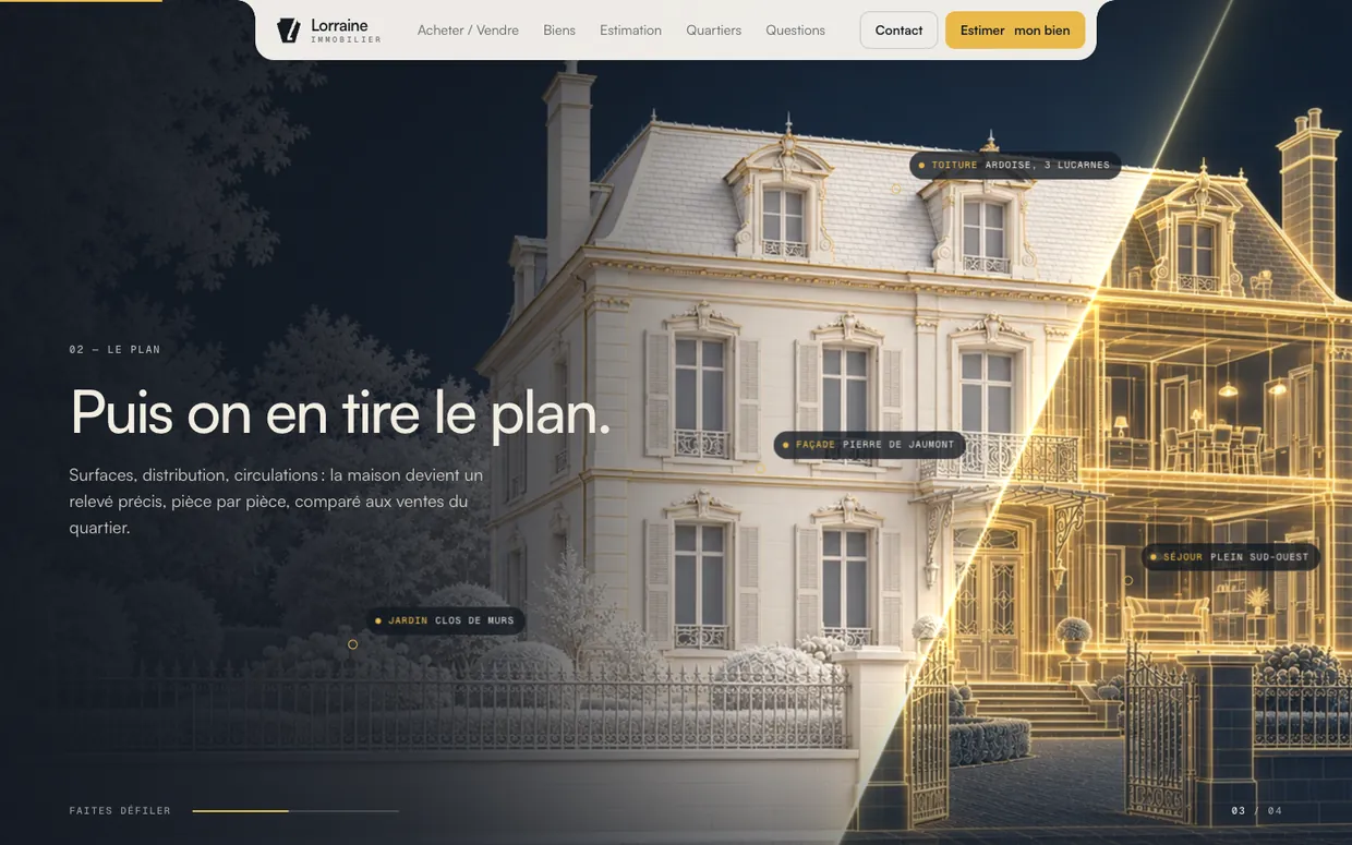 Lorraine Immobilier, le récit : la bande dorée découvre le plan de la maison en hologramme.