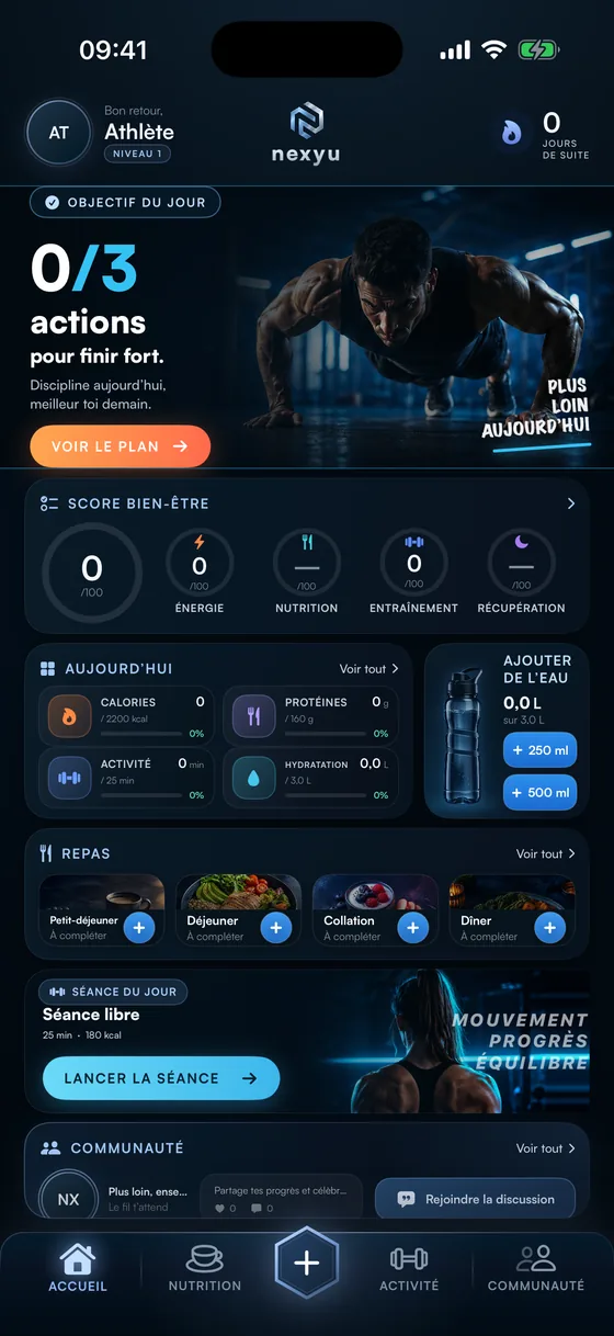 Nexyu, accueil : objectif du jour, score bien-être, repas et séance du jour (données de démonstration).