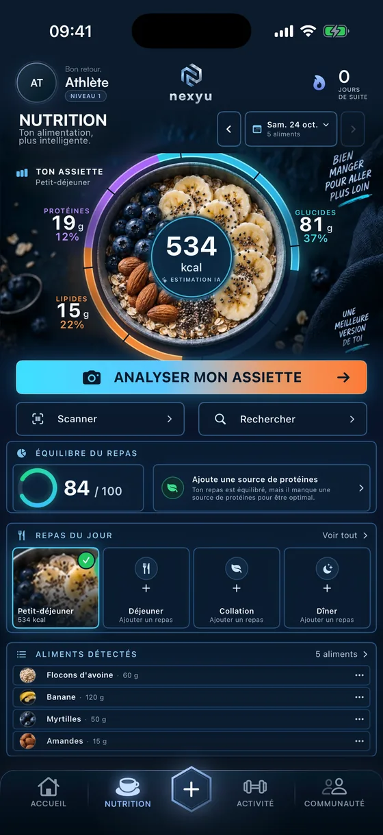 Nexyu, nutrition : l’assiette analysée par l’IA, 534 kcal, protéines, glucides et lipides, aliments détectés (données de démonstration).