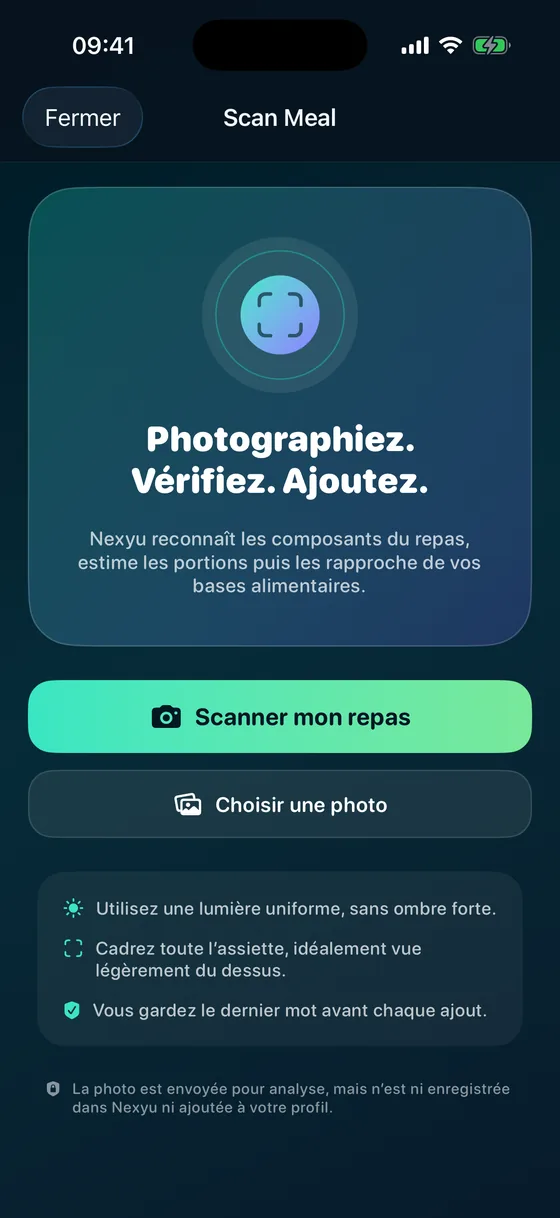 Nexyu, scan de repas : photographiez, vérifiez, ajoutez.